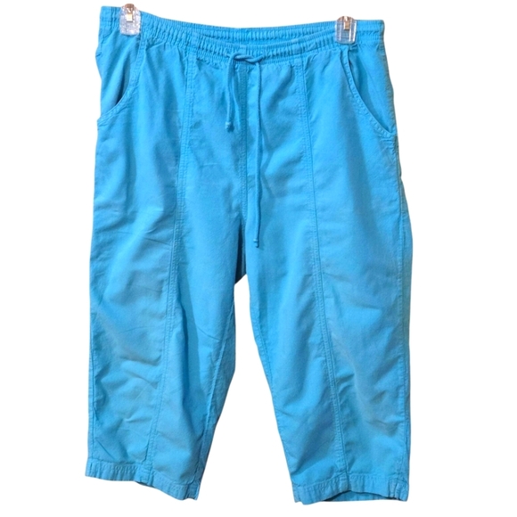 Erika Petite Bright Blue Teal Capri Pants Front Seam Drawstring Waist Women PL - Picture 1 of 13